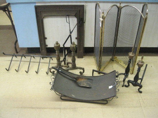 Lot - Fireplace Cast Iron Cover, Firedogs, Brass Finish Folding Screen Etc.