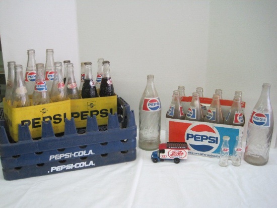 Lot - Pepsi Cola Drink Bottles Half Liter, 16oz., 10oz. 2 Yellow Carry Cases, Etc.