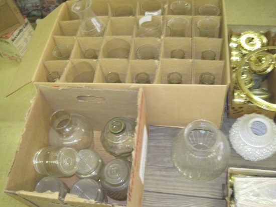 Lot - Glass Oil Lamp Chimneys, Light Fixture Shades, Oil Lamp Parts, Etc.