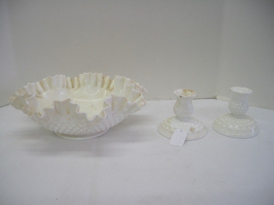 Set Fenton Milk Glass Hobnail Pattern Console Bowl w/ Crimped Ruffled Rim