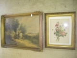 Lot - Floral Bouquet & Cottage Landscape Scene Prints in Ornate Gilded Frames