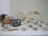 Lot - Porcelain Moss Ross Pattern Snack Trays, Ceramic Vase, Cottage Teapot, Nippon
