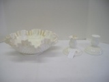 Set Fenton Milk Glass Hobnail Pattern Console Bowl w/ Crimped Ruffled Rim