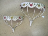 Pair - French Inspired Tin Embossed Wall Décor Shelves w/ Embellished Rose/Foliage
