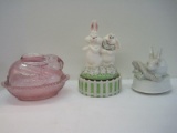 Lot - Iridescent Pink Pressed Glass Bunny Rabbit on Nest Candy Dish Beaded Trim 5