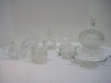 Lot - Crystal Etched Flower Covered Candy Dish, Cruet, Creamer, Open Sugar Bowl