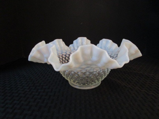 Fenton Ruffled Rim Hobnail Pattern Milk Glass White Opalescent Bowl