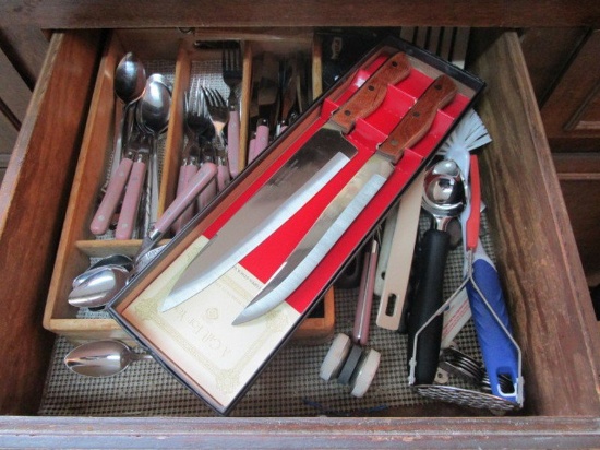 Drawer Lot - Knives, Spoons, Forks, Maxim Knives Fine Stainless Steel 14" & 12 1/2", Etc.