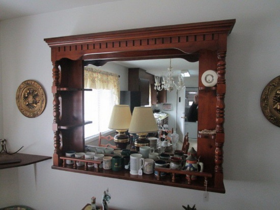 Mid-Century Modern Design Wooden Mirror w/ 3 Inlay Shelves, Carved Bannisters