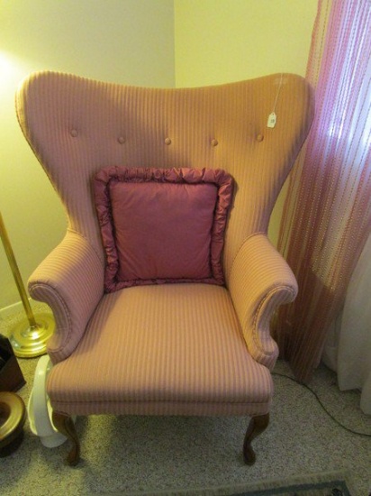 Upholstered Pink/Striped Wing Back/Pin Back Arm Chair w/ Wood Carved Legs
