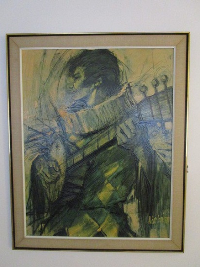 Jester w/ Lute 1960's Print on Canvas w/ Wood Frame/Matt Signed Aldo Luongo