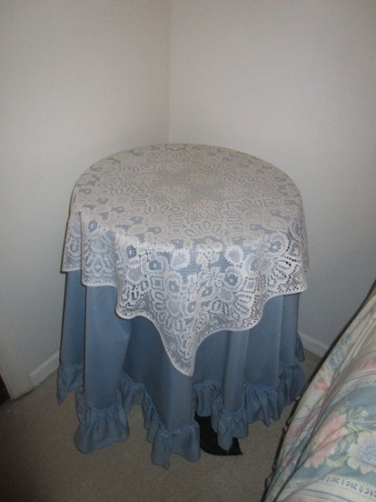 Unfinished Wooden Round Pedestal Side Table w/ Blue/White Table Clothes