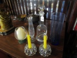 Lot - Pair Glass Candle Holders, Glass Decanter 12