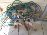 Lot - Garden Hoses, Ray Paddle Sprinkler, Wood Stands, Bungie Cords, Etc.