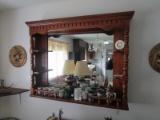 Mid-Century Modern Design Wooden Mirror w/ 3 Inlay Shelves, Carved Bannisters