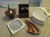 Lot - Wooden Raised Candy Dish, Ceramic Cream Basket, Book Motif Envelope/Letter Holder