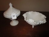 Lot - Hobnail Pattern Ruffled Edge Bowl Milk Glass & Beaded/Twirl Designed Candy Dish w/ Lid