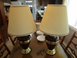 Pair - Urn Design Gold/Burgundy Metal Lamps w/ Cream Shades, Laurel Finial