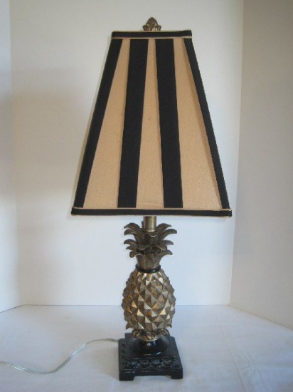 Resin Gilded Pineapple Design Table Lamp on Black Base w/ Black/Tan Pleated Shade