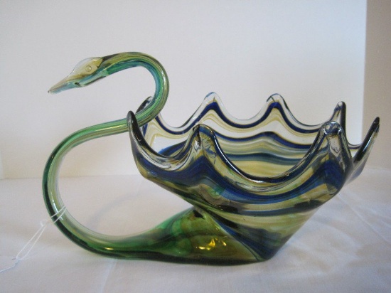 Retro Hand Blown Art Glass Swan Console Bowl Cobalt/Green Coloration