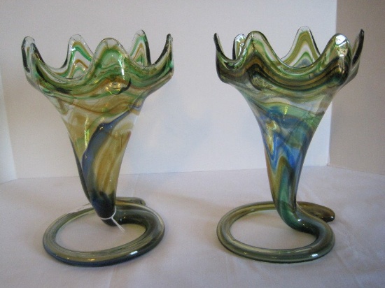 Pair - Retro Hand Blown Art Glass Vases Green/Blue Coloration