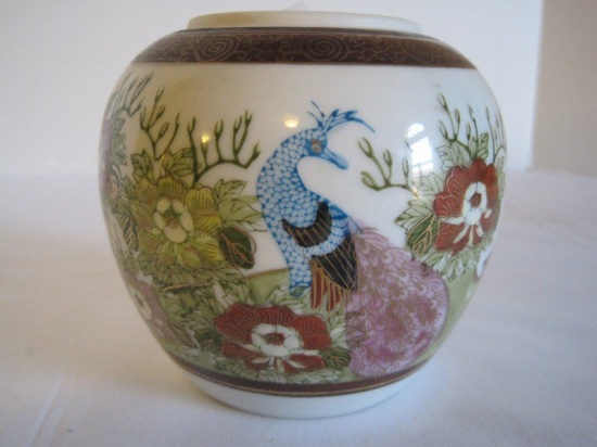 Genuine Kutani Porcelain Ginger Jar w/ Peacock & Floral Landscape Scene