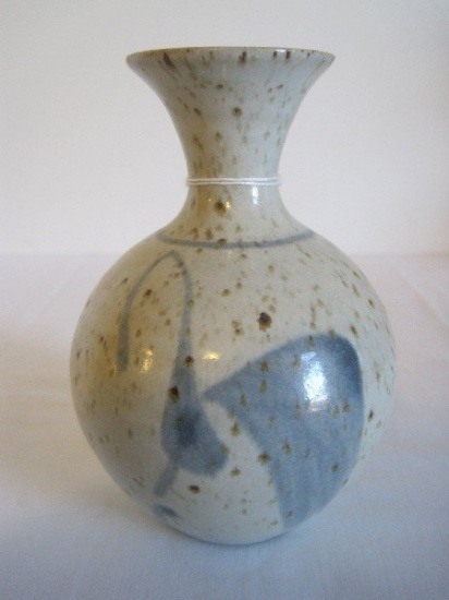 Pottery Bud Vase w/ Flared Rim Speckled Glaze Finish/Blue Accents