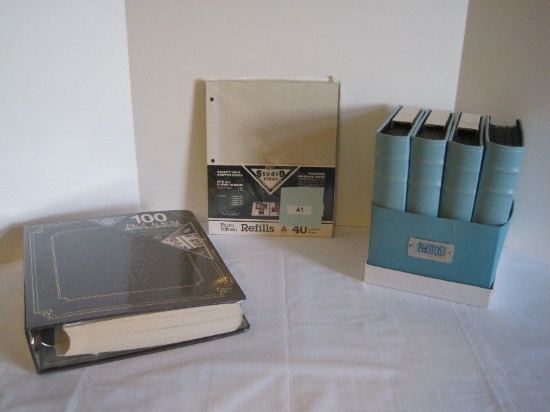 Lot - 100 Page Photo Album & 4 Teal Covered Photo Albums in Box & Refill Pages