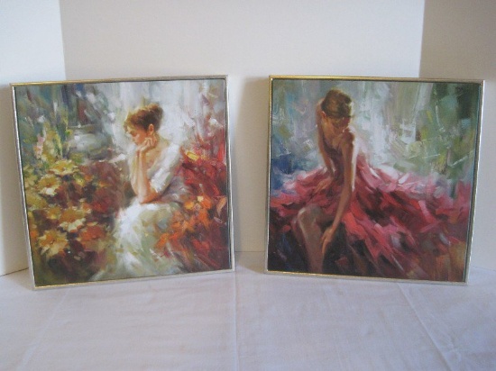 Pair - Impressionist Prints Lady in Red & Woman in Conservatory