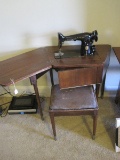 Vintage Singer Sewing Machine in Unique Shape Walnut Cabinet on Tapered Legs w/ Stool