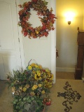 Lot - Silk Arrangements in Decorative Resin, Basket, Ceramic, 3 Seasonal Wreaths