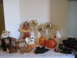 Lot - Misc. Halloween Decorations Scarecrows, Ceramic Pumpkins, Basket