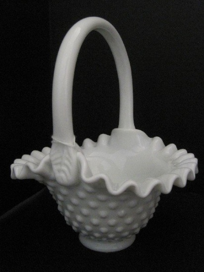 Fenton Milk Glass Hobnail Pattern Basket w/ Applied Handle & Crimped Ruffled Edge