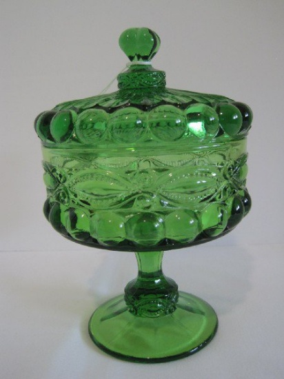 L.G. Wright Green Depression Glass Eye Winker Pattern Compote w/ Lid