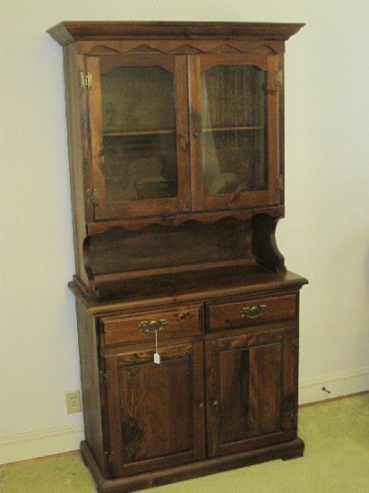 Pine China Hutch w/ Double Glass Panel Doors on 2 Over 2 Base