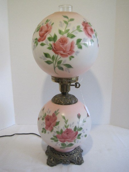 Victorian Era Style Gone w/ The Wind Parlor Lamp w/ Pink Rose Buds/Foliage