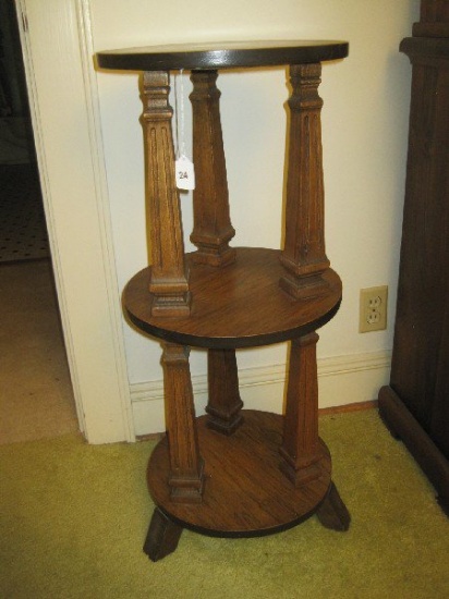 French Inspired Walnut Finish 3 Tier Reed Column Form Occasional Table