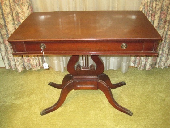 Victorian Era Style Mahogany Lyre Base Pedestal Parlor Table w/ Loop Pull Drawer