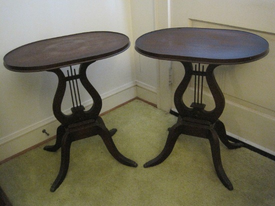 Victorian Era Style Mahogany Lyre Base Pedestal End Tables w/ Paw Cap Feet