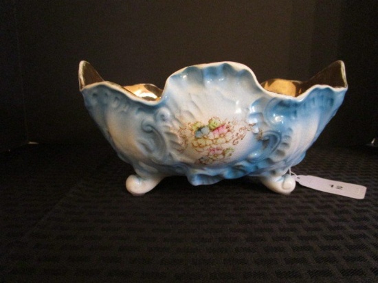 Limoges Porcelain Ornate Blue/White Floral Transfer Pattern, Ruffled Rim/Gilded Bowl