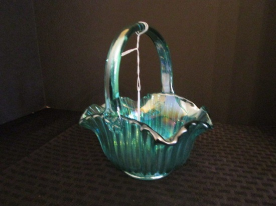 Aquamarine Iridescent Glass Basket, Scalloped w/ Flared Rim