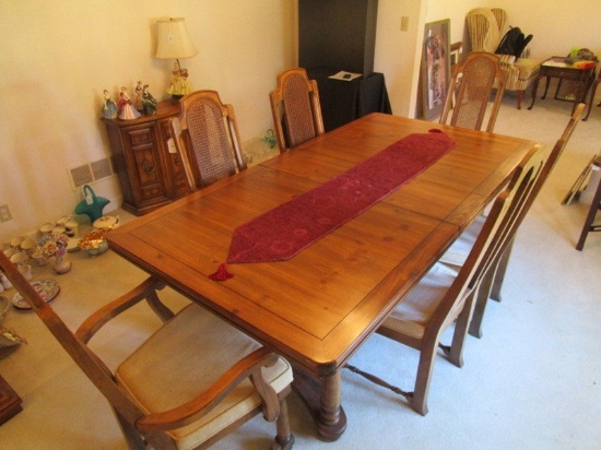 Speckled Wood Extendable Dining Table w/ 6 Teak Wood/Wicker Back Cream Upholstered Chairs