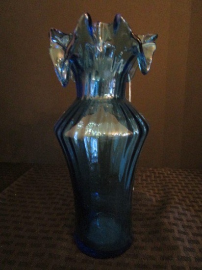 Blue Glass Vase 9 1/4" H Scalloped w/ Ruffled Rim