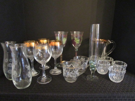 Glass Lot - Gilded Rim Wine Glasses by J. Preziosi, Etched Glass Ceramic/Sugar Gilded Rim