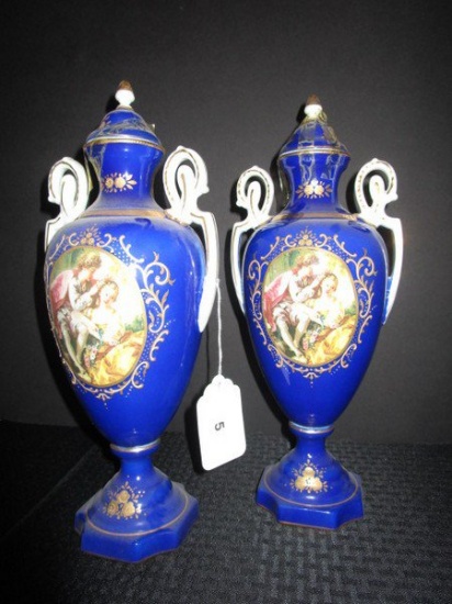 Pair - Limoges China Blue/Gilted Urns w/ Handles, Ornate Rose/Revival Scene