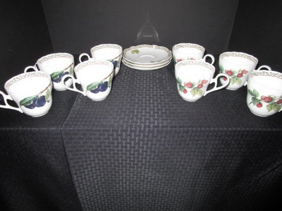 Noritake 'Royal Orchard' Pattern Primachina Lot - 8 Cups, 3 Saucers, Berry/Apple Motif