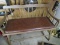 Brown Wood Bench w/ Faux Leather Upholstered Seat, Carved/Bow Top Pediment, Spindle Back