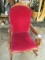 Wooden Rocking Chair w/ Burgundy Upholstered Seat/Back, Scroll Arm Motif Floral/Berry Finial