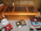 Wood Veneer Coffee Table, 3 Sectional Glass Panel w/ 1 Lower Wooden Tier