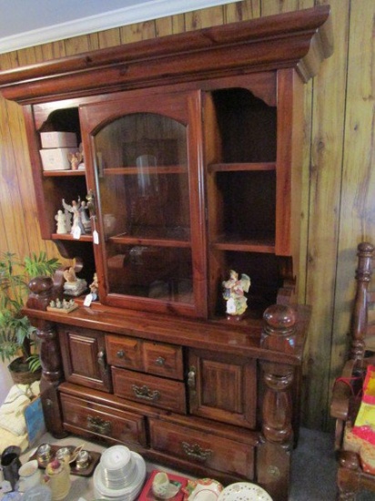 Dark Wood Lighted China Cabinet 2 Piece, 6 Sectional, 1 Glass Window Hutch Door
